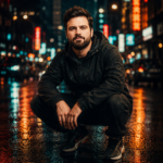 Neon Street Crouch – Cinematic AI Photo